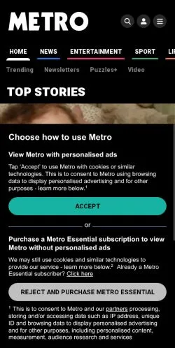 Anteprima del sito Metro, media di Regno Unito per articoli sponsorizzati
