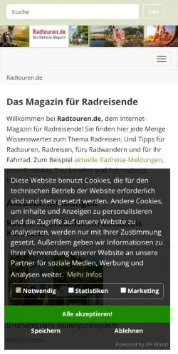 Anteprima del sito Radtouren Magazin, media di Germania per articoli sponsorizzati