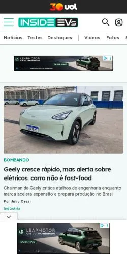 Anteprima del sito InsideEVs Brasil, media di Brasile per articoli sponsorizzati