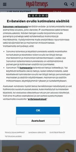 Podgląd witryny Hyvä Terveys, medium z kraju Finlandia do artykułów sponsorowanych