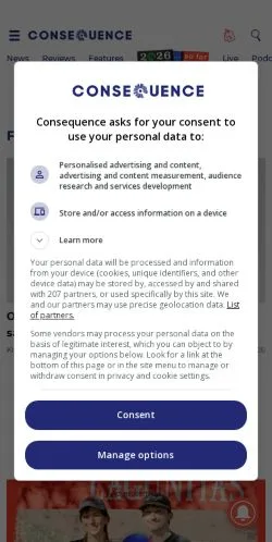 スポンサード記事向けのアメリカ合衆国メディア、Consequenceのサイトプレビュー