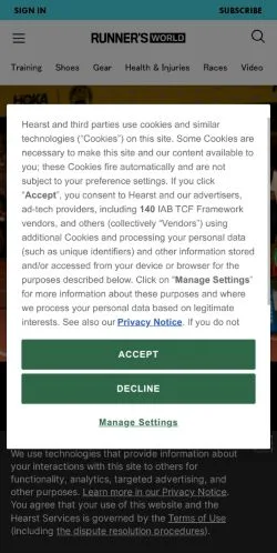Forhåndsvisning av nettstedet Runner's World, medium fra USA for sponsede artikler