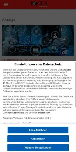 Anteprima del sito FOCUS Unternehmen, media di Germania per articoli sponsorizzati