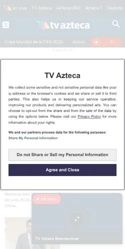 Forhåndsvisning av nettstedet TV Azteca, medium fra Mexico for sponsede artikler