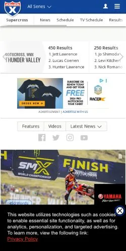 스폰서 기사용 미국 매체 Racer X 사이트 미리보기