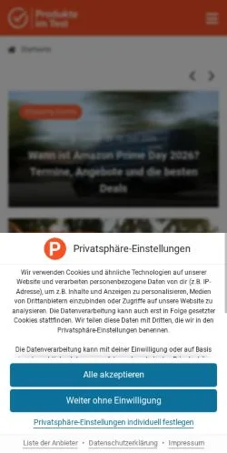 Anteprima del sito Produkte Im Test, media di Germania per articoli sponsorizzati