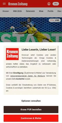 Pré-visualização do site Kronen Zeitung, meio de Áustria para artigos patrocinados
