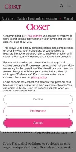 Anteprima del sito Closer, media di Francia per articoli sponsorizzati