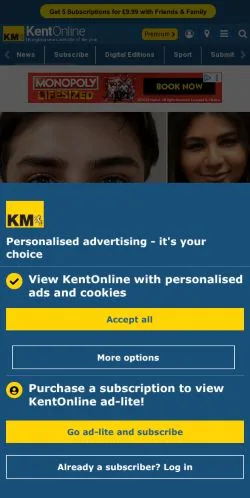Anteprima del sito Kent Online, media di Regno Unito per articoli sponsorizzati