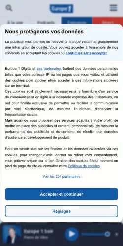 Anteprima del sito Europe 1, media di Francia per articoli sponsorizzati