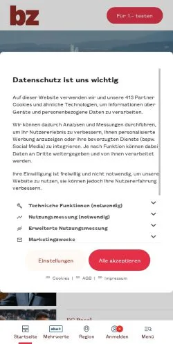 Vista previa del sitio bz Basel, medio de Suiza para artículos patrocinados