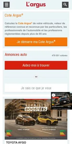 Förhandsvisning av webbplatsen L'Argus, medium i Frankrike för sponsrade artiklar