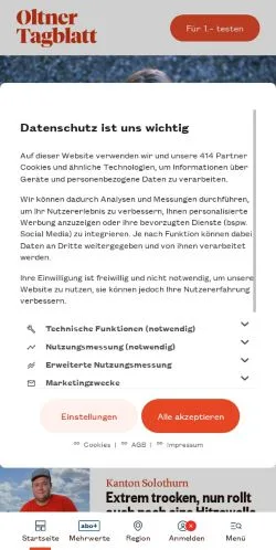 Anteprima del sito Oltner Tagblatt, media di Svizzera per articoli sponsorizzati