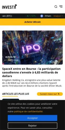 Anteprima del sito InvestX, media di Francia per articoli sponsorizzati