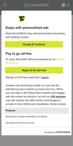 Anteprima del sito Tennis365, media di Stati Uniti per articoli sponsorizzati