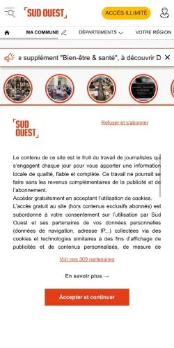 Aperçu du site Sud Ouest, média de France pour articles sponsorisés