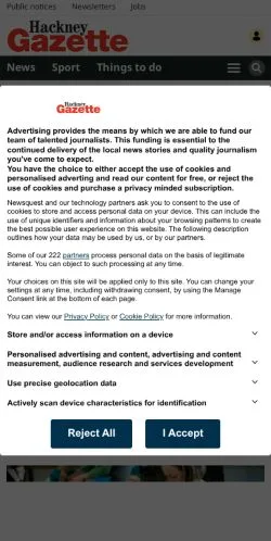 Anteprima del sito Hackney Gazette, media di Regno Unito per articoli sponsorizzati
