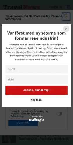 Anteprima del sito Travel News, media di Svezia per articoli sponsorizzati