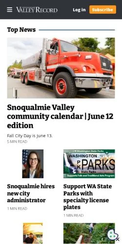 Forhåndsvisning av nettstedet Snoqualmie Valley Record, medium fra USA for sponsede artikler