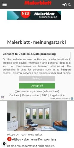 Sponsorlu makaleler için Almanya medyası Malerblatt sitesinin önizlemesi