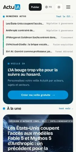 Aperçu du site ActuIA, média de France pour articles sponsorisés