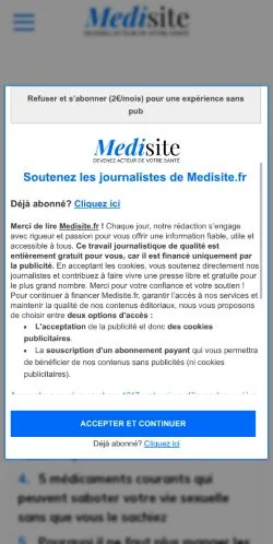 Förhandsvisning av webbplatsen Medisite, medium i Frankrike för sponsrade artiklar