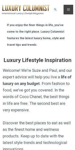 スポンサード記事向けのアメリカ合衆国メディア、Luxury Columnistのサイトプレビュー
