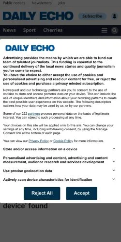 Anteprima del sito Bournemouth Echo, media di Regno Unito per articoli sponsorizzati