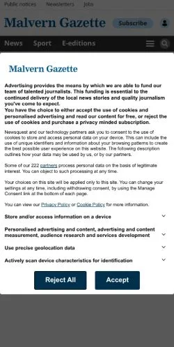 Vista previa del sitio Malvern Gazette, medio de Reino Unido para artículos patrocinados