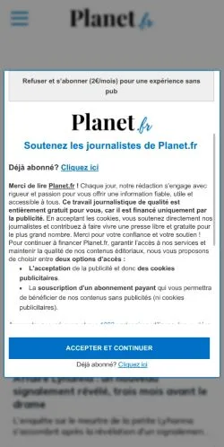 Förhandsvisning av webbplatsen Planet, medium i Frankrike för sponsrade artiklar