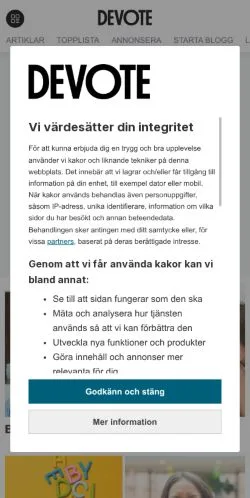 Anteprima del sito Devote, media di Svezia per articoli sponsorizzati