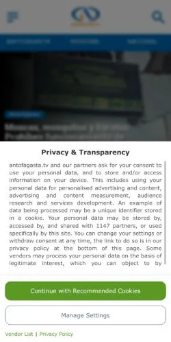 Anteprima del sito Antofagasta TV, media di Cile per articoli sponsorizzati