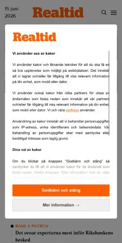 Anteprima del sito Realtid, media di Svezia per articoli sponsorizzati