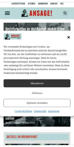 Förhandsvisning av webbplatsen ANSAGE, medium i Tyskland för sponsrade artiklar