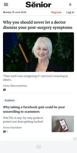 Anteprima del sito The Senior, media di Australia per articoli sponsorizzati