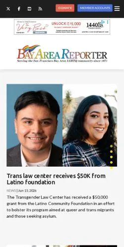 スポンサード記事向けのアメリカ合衆国メディア、Bay Area Reporterのサイトプレビュー