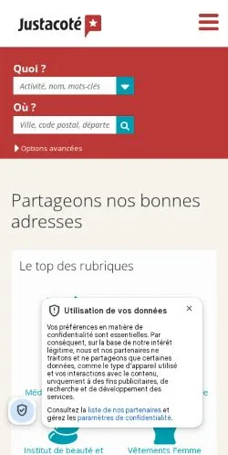 Vista previa del sitio Justacoté, medio de Francia para artículos patrocinados