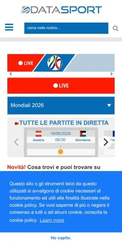 Vista previa del sitio DataSport, medio de Italia para artículos patrocinados