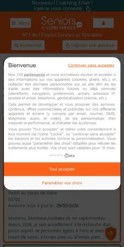 Anteprima del sito Seniors à Votre Service, media di Francia per articoli sponsorizzati