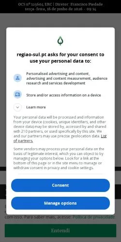 Anteprima del sito Região Sul, media di Portogallo per articoli sponsorizzati