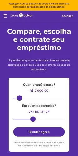 Anteprima del sito Juros Baixos, media di Brasile per articoli sponsorizzati