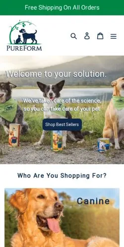 Anteprima del sito PureForm Pet Health, media di Stati Uniti per articoli sponsorizzati