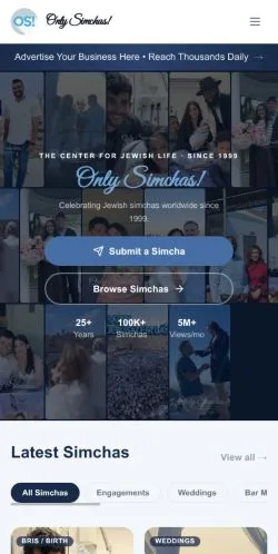 Forhåndsvisning av nettstedet OnlySimchas, medium fra USA for sponsede artikler