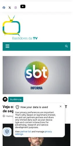 Pré-visualização do site Bastidores da TV, meio de Brasil para artigos patrocinados