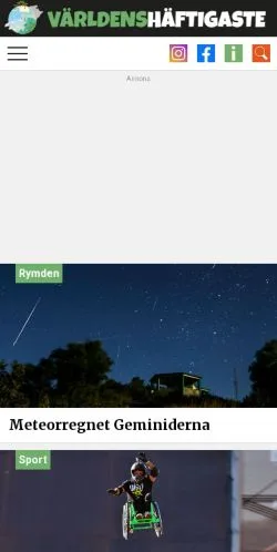 스폰서 기사용 스웨덴 매체 Världens Häftigaste 사이트 미리보기