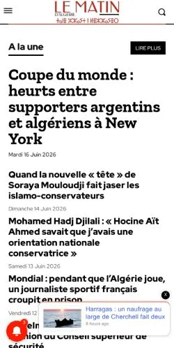 Podgląd witryny Le Matin d'Algérie, medium z kraju Francja do artykułów sponsorowanych