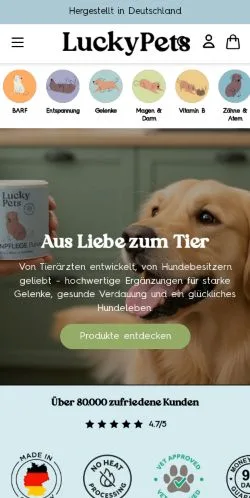 Forhåndsvisning av nettstedet Lucky Pets, medium fra Tyskland for sponsede artikler