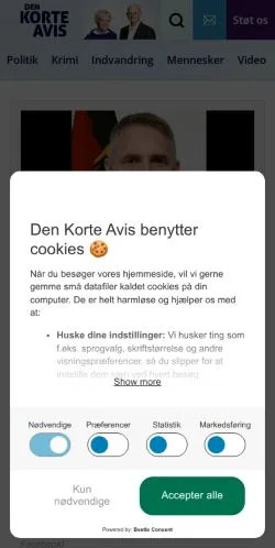 Anteprima del sito Den Korte Avis, media di Danimarca per articoli sponsorizzati