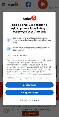 Sponsorlu makaleler için Polonya medyası Radio 5 sitesinin önizlemesi