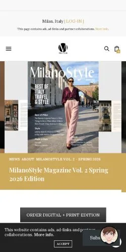Pré-visualização do site MilanoStyle, meio de Estados Unidos para artigos patrocinados